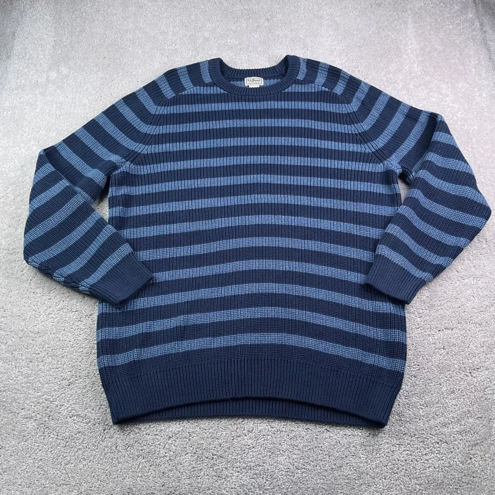 LL Bean Sweater Mens XL Tall Blue Stripes Crewneck Heavy Cotton Chunky Fisherman